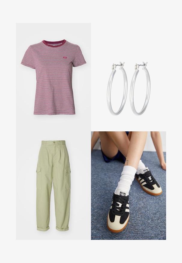 Levi's® THE PERFECT TEE - Pamata T-krekls - collegiate burgundy; Gaiši zaļas kravas bikses, izgatavotas no kokvilnas auduma. Tām ir augsts jostasvieta, sarullētas malas un divi sānu kravas kabatas papildu praktiskumam.; Melnbalti sporta apavi ar zamšiem un ādas virsu, kuriem ir trīs baltas svītras un gumijas zole. Pāris valkāts ar baltām zeķēm.; Sudraba riņķveida auss gredzeni ar gludu, pulētu apdari. Apaļa forma un drošs klikšķa augšējais slēgums. Viegls dizains, kas piemērots ikdienas valkāšanai.