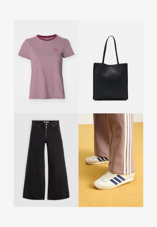 Levi's® THE PERFECT TEE - Pamata T-krekls - collegiate burgundy; Platas kājas džinsi melnā džinsa audumā ar rāvējslēdzēju priekšā, piecu kabatu dizains un smalkas šuvju detaļas. Gluda tekstūra un ikdienišķs stils.; Krēma krāsas kedas ar zilo zamšādu svītrām, baltām auklām un gumijas zoli. Apvienotas ar pelēkām sporta biksēm ar baltām sānu svītrām.; Melnas ādas somiņa ar gludu tekstūru, taisnstūra formu un divām garām rokturiem. Nav redzamu aparatūras vai rotājumu.