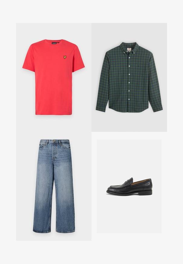Rode katoenen T-shirt met korte mouwen, voorzien van een klein geel geborduurd logo op de linkerkant van de borst. Klassiek ontwerp met ronde hals.; Langarm overhemd met groen, blauw en gele ruitpatroon, witte knopen en een opknopbare kraag.; Wijde blauwe denim jeans met een vervaagde was, vijf zakken en een knoopsluiting. Voorzien van riemlussen en gestikte details.; Zwarte leren loafers met een gladde afwerking, ronde neus en decoratieve stiksels op de wreef. Lage gestapelde hak en een lichte glans.