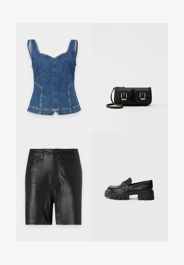 Stine Goya Felső - trompe l'oeil; Fekete bőr sort, sima textúrával, elülső cipzárral, gombos záródással és klasszikus öt zsebes kialakítással.; Fekete bőr loaferek masszív talppal, elöl arany színű díszítéssel és sima felülettel. A talpon vastag mintázat található.; Fekete bőr keresztbody táska két elülső zsebbel, arany csattokkal, cipzáras záródással és vékony pánttal. Textúrált felület és kompakt téglalap alak.