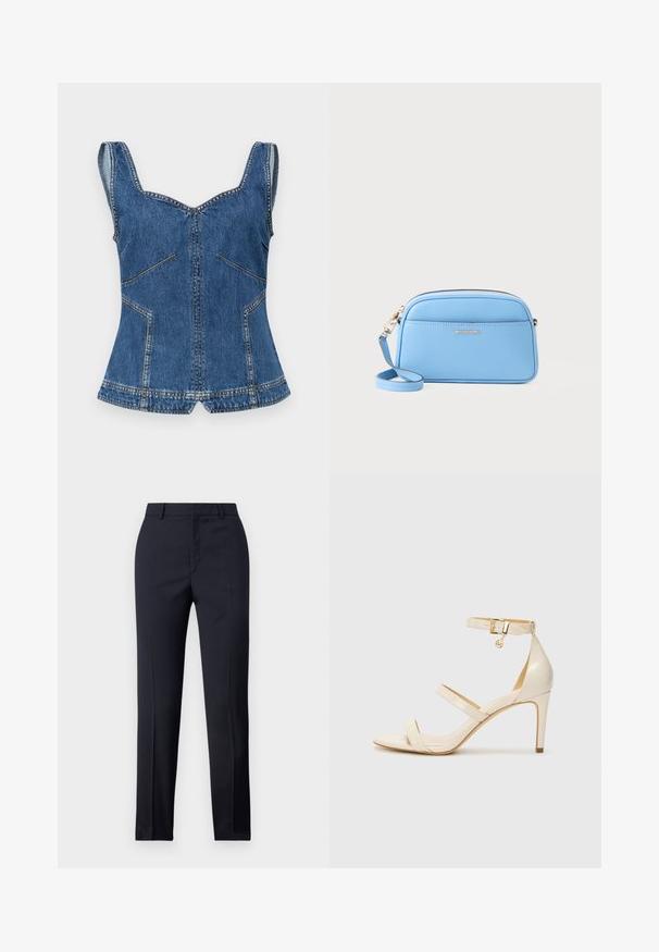 Stine Goya Topper - trompe l'oeil; Marinefargede skreddersydde bukser med rett snitt, med en glatt tekstur, to frontlommer og en ren linning.; Beige høyhælte sandaler med tynn ankelstropp og to stropper over. Glanset lakkfinish og detaljer i gull på ankelstroppen.; Lys blå skinn crossover-veske med gulltonet detaljer, glidelås lukking og en frontlomme. Har justerbar stropp for ekstra bekvemmelighet.