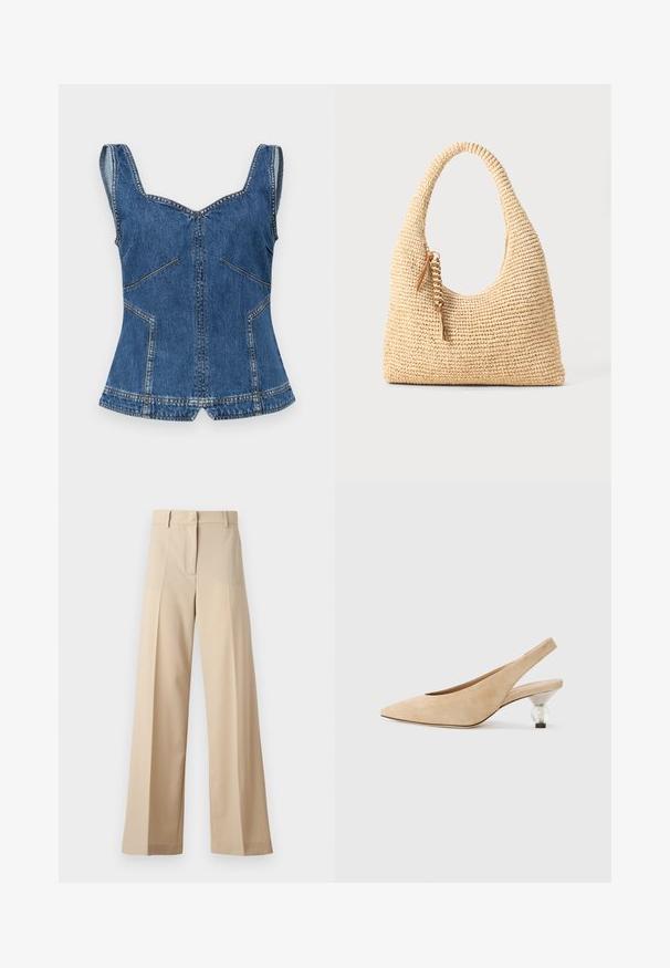 Stine Goya Top - trompe l'oeil; Beige bukser med vid ben lavet af blødt stof, med en flad foran med folder, lynlås og bæltestropper. Skræddersyet pasform generelt.; Beige ruskind slingback sko med spids tå og en gennemsigtig, rund hæl. Glat tekstur og minimalistisk design.; Vævet beige håndtaske med et buet håndtag, struktureret overflade og en brun frynse detalje. Har en afslappet, hobo-form.