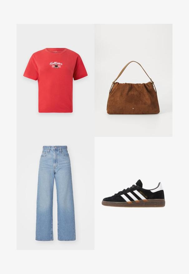 Camiseta de algodón roja con cuello redondo, que presenta texto bordado en blanco de "Hollister" y un gráfico de un oso, junto con "2002" debajo.; Jeans de tiro alto y pernera ancha en azul claro, con cierre frontal de botón y cremallera, y bolsillos delantero y trasero, sobre un fondo blanco.; Zapatilla negra de Adidas con franjas blancas, texto dorado "Spezial", suela de goma y talón blanco, mostrada en vista lateral.; Bolso de ante marrón con un diseño fruncido, que cuenta con una sola correa de piel marrón y un sutil detalle del logo dorado en la parte frontal.