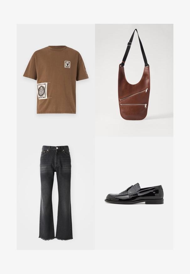 Brūna kokvilnas T-krekls ar apaļu kakla izgriezumu, kas rotāts ar divām dekoratīvām uzlīmēm, kas atgādina vintage pastmarkas melnbaltā krāsā.; Melni izplūduši džinsi ar vidēju mazgāšanu, ar saplēstu apakšmalu, piecu kabatu dizainu un metālisku pogu aizdari. Izgatavoti no džinsu auduma.; Melnas patentētas ādas loafers ar teksturētu virsmu, noapaļotu purngalu un plakanu zoli ar izsmalcinātām šuvēm.; MM6 Maison Margiela FLAT SADDLE MINI BAG UNISEX - Plecu soma - root brown