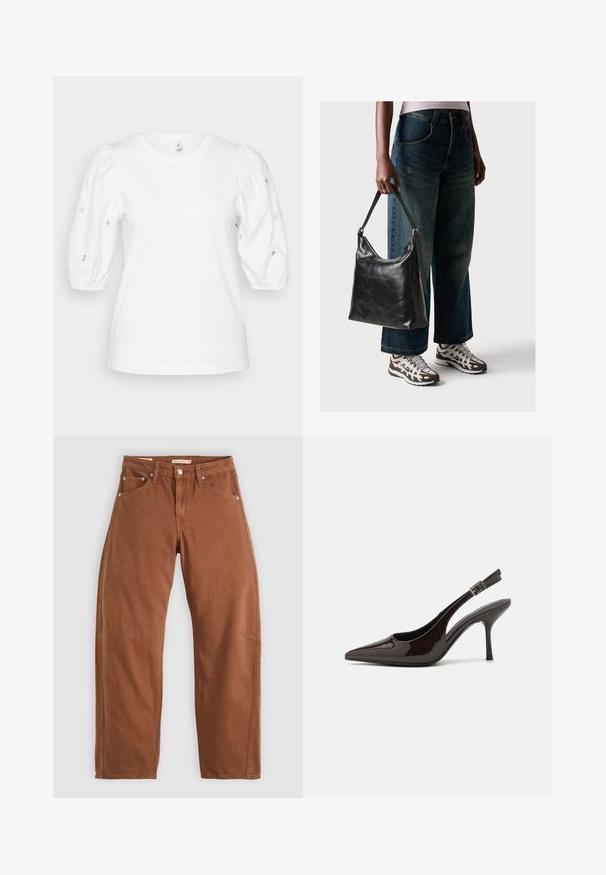Balta kokvilnas T-kreklu ar īsām, pūkainām piedurknēm, rotāta ar sudraba akcentiem, ar apaļu kakla izgriezumu un brīvu piegriezumu.; Rūsu brūnas taisnas kājas džinsi ar priekšējām un aizmugurējām kabatām, metāla kniedēm, pogu aizdari un jostas cilpām, izlikti uz balta fona.; Slingback augstpapēžu kurpe ar spīdīgu tumši brūnu lakotu ādu, ar norādītu purngalu, atvērtām pusēm un regulējamu potītes siksniņu.; Melna ādas pleca soma ar gludu tekstūru un regulējamu siksnu, saskaņota ar izbalējušām platām biksēm un sportiskām kedām.