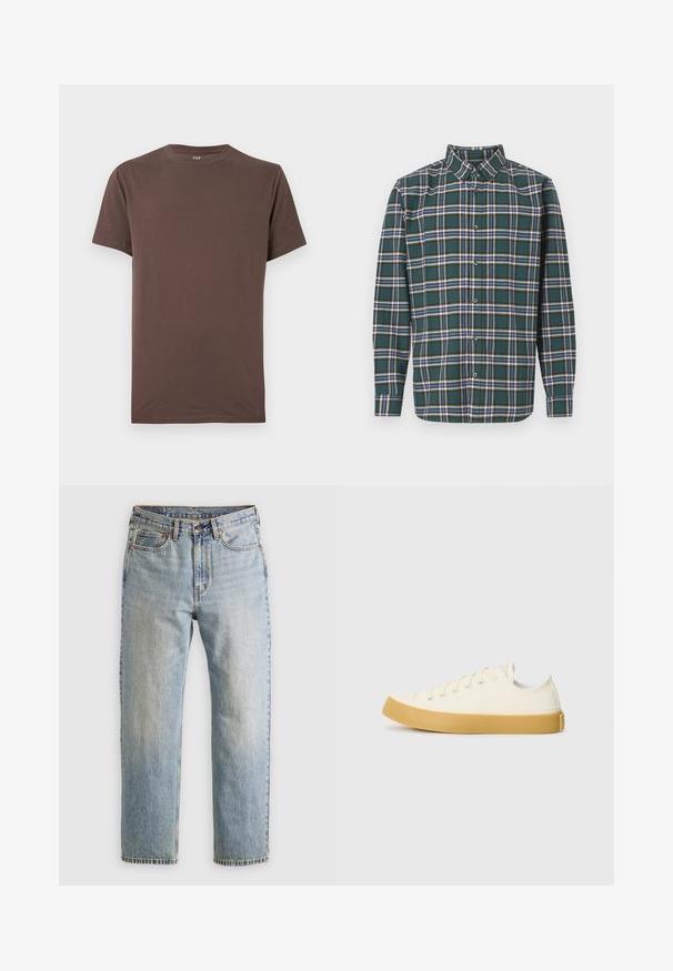 Smeđa pamučna majica s okruglim izrezom, kratkim rukavima i glatkom teksturom. Nema vidljivih uzoraka ili naglasaka. Standardni kroj.; Zeleni flanel košulja s kariranim uzorkom koji sadrži plave, bijele i senf žute linije. Prednji dio s dugmadima i oštrim kragnom. Duge rukave.; Svijetloplave traperice visoki struk, prednji gumb, zatvarač i dizajn s pet džepova, položene ravno na neutralnoj pozadini.; Platnene tenisice u boji slonovače s okruglim vrhom, s bež gumenim potplatima i pet rupa za vezivanje, teksturalna površina na gornjem dijelu.