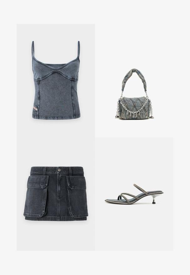 Denim top with thin adjustable straps, fitted design, and a subtle curved seam detail on a dark blue-gray fabric.; Black denim skirt with a fitted waist, button closure, two large front pockets, and contrasting stitching detailing.; Denim sandal with three thin straps adorned with rhinestones, pointed toe, and a metallic, stiletto-style heel. Non-slip base.; Denim handbag with quilted pattern, blue color, short braided handle, and silver chain strap featuring metallic brand lettering detail.