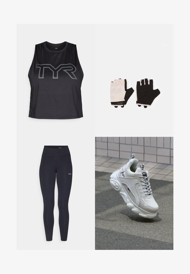 Black sleeveless athletic top made of mesh material, featuring a prominent gray TYR logo on the front. Round neckline and a relaxed fit.; Black leggings with a high waistband, made from stretchy fabric, featuring a small white logo on the thigh and smooth texture.; White sneaker with mesh and leather materials, rounded toe, thick sole, prominent laces, and branding on the heel and tongue.; Fitness gloves with a light pink and black design, made of breathable material, featuring an adjustable wrist strap and textured grip accents.