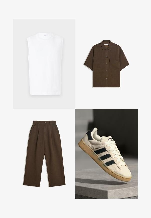 Biely tielko bez rukávov s okrúhlym výstrihom, vyrobené z hladkej tkaniny, s jednoduchým dizajnom a čistými okrajmi.; Krátky rukáv, tmavo hnedá košeľa vyrobená z textúrovaného materiálu. Má zapínanie na gombíky a dve náprsné vrecká. Neformálny dizajn s voľným strihom.; Hnedé plisované nohavice s širokým strihom, vybavené zapínaním na gombík a bočnými vreckami, vyrobené z textúrovaného materiálu vhodného na neformálne nosenie.; Béžové semišové tenisky s tromi tmavomodrými pruhmi, bielymi šnúrkami a béžovou gumovou podrážkou. Obsahujú logo na jazyku a text "CAMPUS".