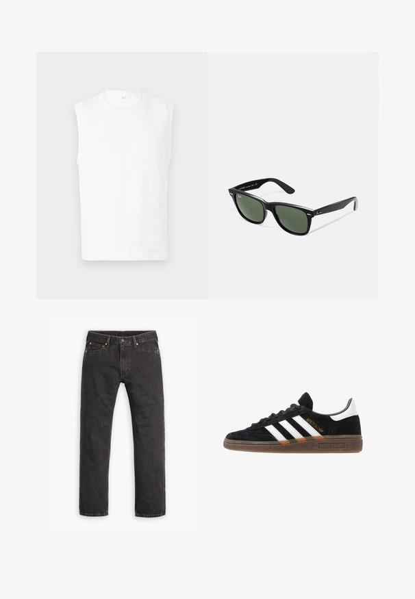 Valge ilma varrukateta T-särk ümarate kaelustega, valmistatud siledast kangast, lihtsa disaini ja puhaste servadega.; Mustad sirgedega teksased viie tasku, nööbiga kinnitamine ja vasknupud, laotatud tasasele valgele taustale.; Mustad must Adidas'i sneaker valgete triipudega, kuldse "Spezial" tekstiga, kummi tallaga ja valge kontsaga, kujutatud külgvaates.; Mustad mustan plastiku prillid roheliste läätsedega, ruudukujulised raamid, hõbedane aksent kulmude peal ja tekstuuriga tempelkäed. Brändi nimi on märgitud sisevarrele.