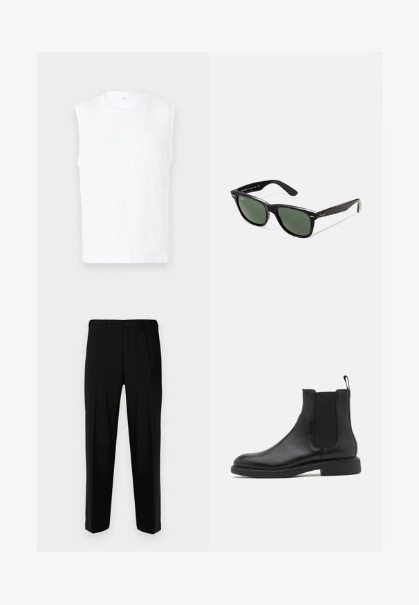Bela brezrokavna majica s krožnim izrezom, izdelana iz gladkega materiala, z enostavnim oblikovanjem in čistimi robovi.; Črne hlače iz gladkega materiala, s ravnim krojem, dvema sprednjima žepoma in zadrgo s gumbom.; Črne usnjene gležnjarje z gladko teksturo, elastičnimi stranskimi paneli in zanko za obuvanje. Okrogel prst in raven gumijast podplat z minimalnim profilom.; Črne plastične sončna očala z zelenimi lečami, kvadratni okvirji, srebrni detajl na obrvi in teksturirani ročaji. Blagovna znamka navedena na notranji strani ročaja.