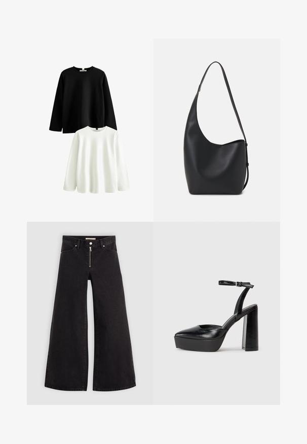 Twee shirts met lange mouwen: een zwarte en een witte. Beide hebben een klassieke ronde kraag, gemaakt van zachte katoen, met een gladde textuur.; Wijdvallende jeans van zwarte denim met een ritssluiting aan de voorkant, vijf zakken en subtiele stikdetails. Soepele textuur en casual stijl.; Zwarte plateauhakken met een puntige neus en verstelbare enkelband. Gemaakt van soepel leer, met een robuuste blokhak.; Zwarte leren hobo tas met een gladde textuur, kromme vorm en een enkele verstelbare schouderband; heeft een brede opening aan de bovenkant.