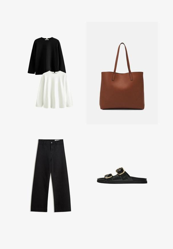 Două cămăși cu mânecă lungă: una neagră și una albă. Ambele au un guler rotund clasic, realizat din bumbac moale, cu o textură netedă.; Pantaloni din denim negri cu picioare largi, cu talie înaltă, având buzunare frontale și posterioare, cusături dublate și închidere cu nasture. Textură netedă.; Sandalie negre cu toc plat, cu două accente de cataramă aurie, din material texturat neted și design minimalist.; Geantă de umăr din piele maro cu o textură netedă, design cu vârf deschis și două curele pentru umăr. Prezintă cusături minime și fără componente metalice vizibile.