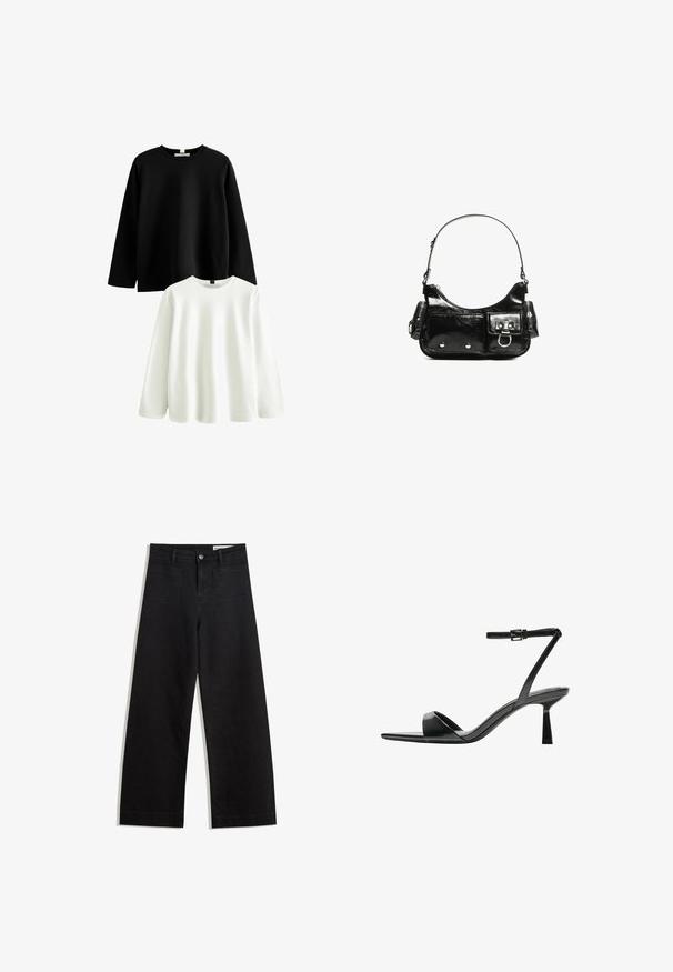 Kaksi pitkähihasta paitaa: toinen musta ja toinen valkoinen. Molemmissa on klassinen pyöreä kaulus, ne ovat pehmeää puuvillaa, ja niissä on sileä rakenne.; Mustat leveät farkut korkealla vyötäröllä, joissa on etu- ja takataskut, ommellut saumat ja nappisuljenta. Silkinoinen rakenne.; Bershka Korolliset sandaalit - black; Mustekko mustasta kiiltonahasta valmistettu käsilaukku, jossa on kaareva muoto, yksi olkahihna, etutaskut ja hopeanväriset yksityiskohdat.
