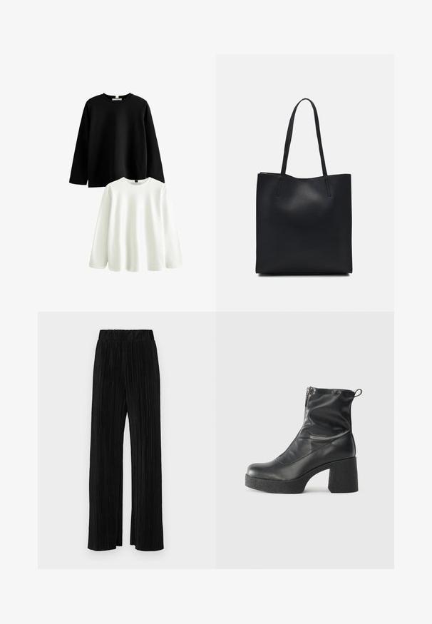 Due camicie a maniche lunghe: una nera e una bianca. Entrambe hanno un classico colletto rotondo, realizzate in cotone morbido, con una texture liscia.; Pantaloni neri a plissé con vita elasticizzata. Presentano gamba ampia e un tessuto liscio e texture con strisce verticali.; Stivali neri alla caviglia in pelle liscia, con zip laterale, tacco spesso e texture, e punta arrotondata.; Borsa tote in pelle nera con texture liscia, forma rettangolare e due manici lunghi. Nessun hardware o decorazione visibile.