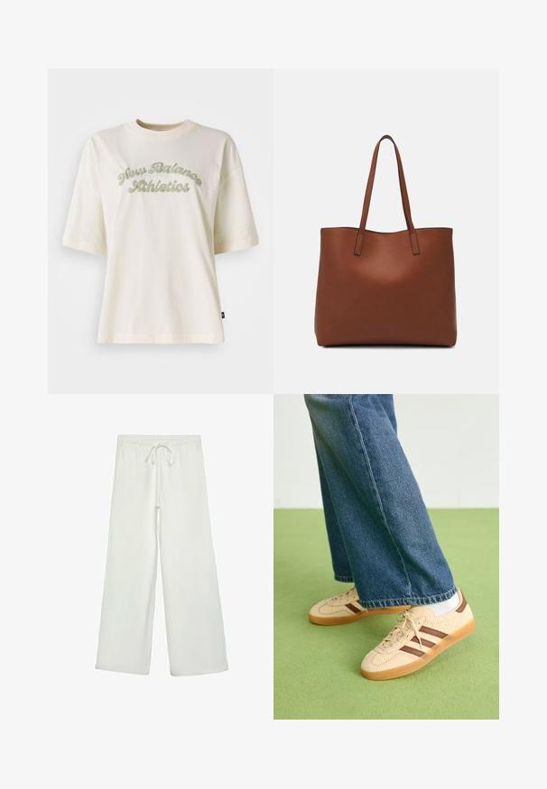 Krémové bavlnené tričko s krátkymi rukávmi, s zakrivenou zelenou textovou grafikou, ktorá hovorí "New Balance Athletics".; Biele nohavice s širokými nohavicami vyrobené z mäkkej tkaniny. Majú elastický pás s šnúrkou a hladký povrch. Žiadne viditeľné vzory ani kovania.; Béžové tenisky s textúrovanými krémovými panelmi a hnedými pruhmi, skombinované s modrými džínsami. Džínsy majú široké nohavice a roztrhnutý lem.; Hnedá kožená taška na rameno s hladkou textúrou, otvoreným vrchom a dvoma ramenými popruhmi. Má minimálne šitia a žiadne viditeľné kovania.