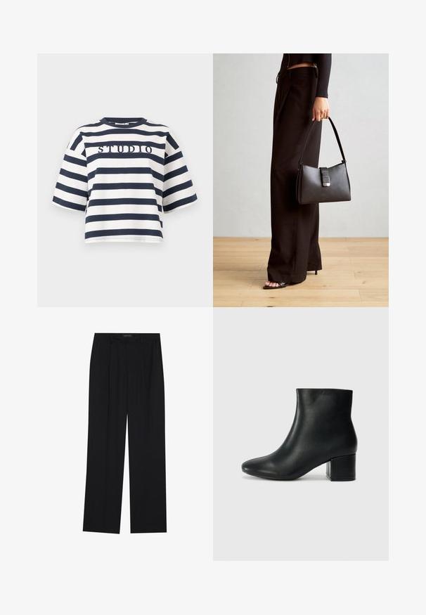 Stripete t-skjorte i marineblå og hvit, med rund hals og korte ermer. Teksten "STUDIO" brodert i midten. Ledig passform.; Sorte bukser med rette ben, som har to frontlommer og en talje. Laget av et glatt, lett stoff.;  Sorte skinn ankelsko med spiss tå og chunky hæl. Glatt tekstur med minimale detaljer og et elegant, tettsittende design.; Svart håndveske med strukturert form, jevn tekstur og metallisk lås. Kombinert med brede svarte bukser og sandaler med åpen tå på tregulv.