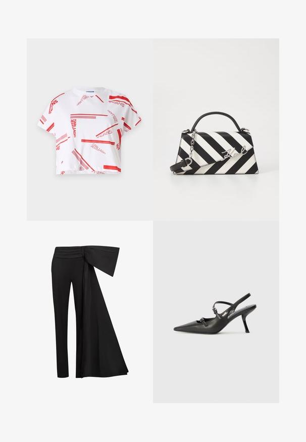 Κοντομάνικο λευκό μπλουζάκι με κόκκινο και ροζ γραφικό σχέδιο και το κείμενο "KARL LAGERFELD JEANS" σε διάφορες κατευθύνσεις και μεγέθη.; Μαύρο παντελόνι με φαρδύ, κρεμαστό διακοσμητικό στοιχείο στη μέση. Λείο ύφασμα, ίσια κοπή ποδιών και πλισέ μέση.; Μαύρες δερμάτινες γόβες slingback με μυτερή μύτη, λεπτό τακούνι και διακοσμητική αγκράφα στο επάνω μέρος. Λείος υφής και κομψός σχεδιασμός.; Μαύρη και λευκή ριγέ τσάντα χειρός με δομημένο σχήμα, που διαθέτει επάνω λαβή, αποσπώμενη αλυσίδα και μεταλλικό λογότυπο.