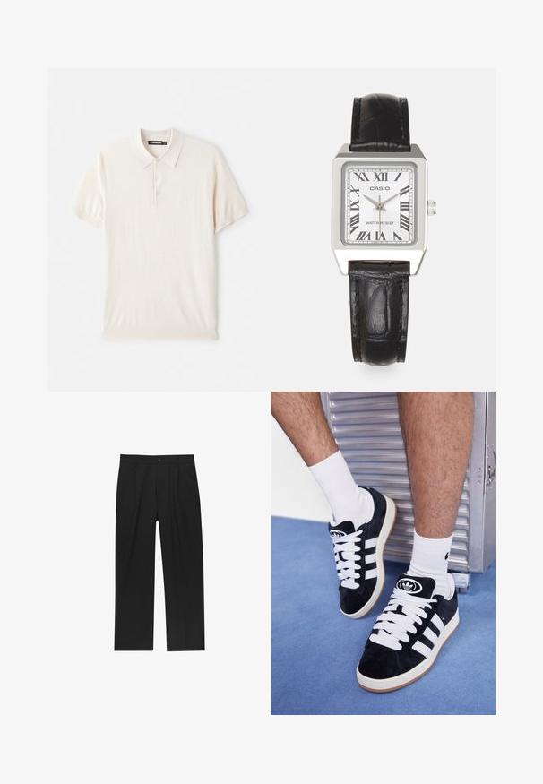 Lichtbeige polo shirt met een klassieke kraag, een drieknopsknopsluiting en korte mouwen. Gemaakt van zachte, gladde stof. Eenvoudig ontwerp zonder patronen.; Zwarte broeken met een recht model, gemaakt van een gladde stof. Voorzien van een voorplooien en een enkele knoopsluiting bij de taille.; Zwarte suède sneakers met witte veters en drie witte strepen. Heeft een cirkelvormig zwart logo op de tong en een gumrubberen zool.; Zilveren vierkante horloge met een witte wijzerplaat, zwarte Romeinse cijfers en de tekst "WATER RESIST". Zwarte leren band met een gestructureerde afwerking.