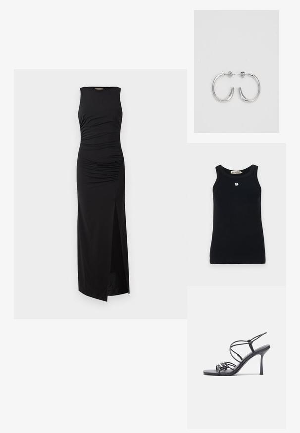 Must have ribiline kangas, millel on ümmargune kaelus ja ees väike valge lillemotiiv. Varrukateta disain.; Must sõrmedeta must maksikleit, millel on volangidega detailid rinnal ja reie kõrgune lõhik ühel küljel. Valmistatud siledast ja venivast kangast.; Mustad musta värvi kontsandaalid on varustatud peente rihmadega, millel on sõlmekujundus, siledad ruudukujulised varbad ja stiilne stilettokonts.; Helehall metallik handbags, millel on kett, kaunistatud väikeste ümmarguste metallist õmblustega ja kolmnurkse brändi logoga.; Hõbedast rõngaskõrvarõngad sileda ja läikiva pinnaga, kõveriku kujuga ning postitaksega sulgur. Minimalistlik disain kaasaegse viimistlusega.