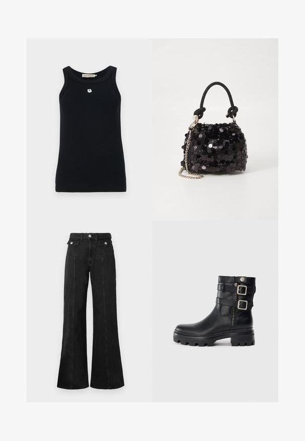 Musta hihaton toppi ribbitekstuuri, jossa on pyöreä kaula-aukko ja pieni valkoinen kukkaembleemi etupuolella.; Mustat farkkukangas leveälahkeiset housut, joissa on korkea vyötärö, kaksi etutaskua, hopeasävyiset yksityiskohdat ja näkyvät saumarivistöt edessä.; Musta nahkainen nilkkabootsi, jossa on tupla-solkiakselit, vetoketjusulku, paksu pohja ja sileä pinta. Ominaisuuksiin kuuluu kestävä ja tyylikäs muotoilu.; Mustan paljetti-minilaukku, jossa on solmittu teksturoidu hihna ja hopeaketju. Pyöreä muoto, joissa on rypistetty yläosa ja heijastava yksityiskohta.