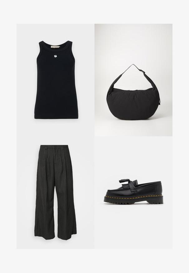 Black tank top made of ribbed fabric, featuring a round neckline and a small white flower emblem on the front. Sleeveless design.; Black pinstriped wide-leg trousers with pleats, featuring a tailored design and a soft texture. No visible hardware or accents.; Black leather loafer with a tasseled accent, featuring a chunky black sole and yellow stitching along the edge. Textured finish.; Black fabric shoulder bag with a curved shape, featuring a single strap and a zippered closure. Soft texture, minimalist design.
