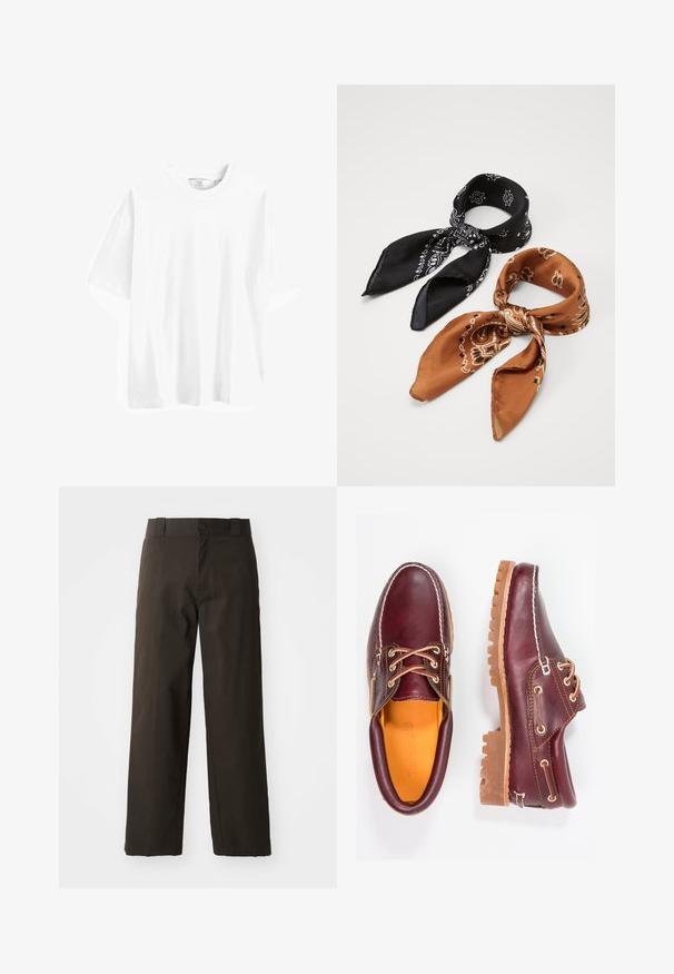 Biela bavlnená tričko s krátkym rukávom, okrúhlym výstrihom a voľným strihom, s hladkou textúrou. Žiadne viditeľné vzory ani akcenty.; Biela košeľa s gombíkmi a klasickým golierom, dlhými rukávmi a zaobleným lemom; obsahuje malé oranžové logo na dolnej ľavej strane.; Čierne bavlnené nohavice s rovnými nohavicami, so zapínaním na gombík a klasickým pásom. Hladká štruktúra, bez vzorov alebo detailov.; Bordové kožené topánky s hnedými gumovými podrážkami, okrúhlou špičkou, bielym prešívaním a zlatými kovaniami. Interiér má žlté podšívku.; Dvoje šatky s vzorom: jedna čierna s bielymi motívmi, druhá hnedá s oranžovými akcentmi. Obe sú vyrobené zo saténu a majú špicaté konce.
