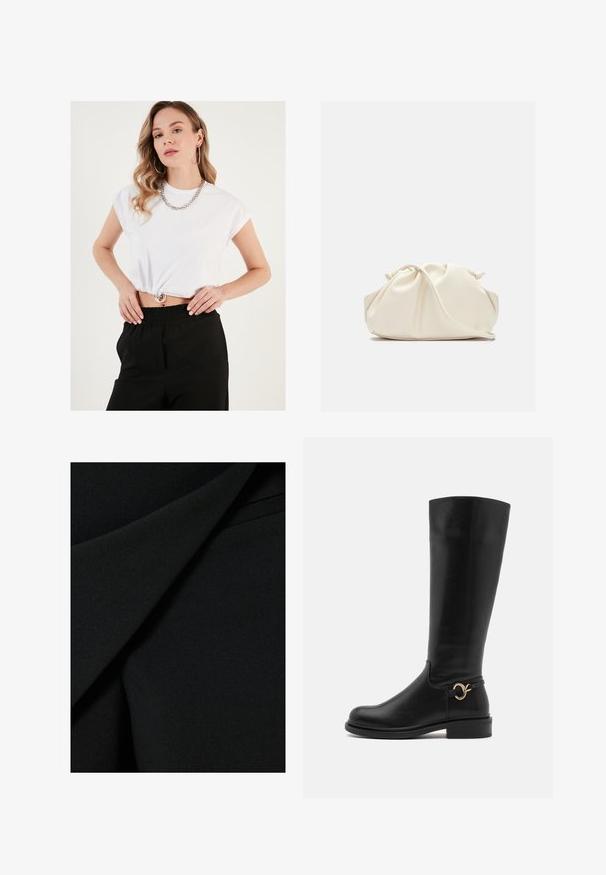 Hvid cropped t-shirt med korte ærmer, med en sammensnøret kant og sølv cirkulært hardware, parret med sorte højtaljede bukser.; Sort stof med en glat, mat tekstur, der har lagdelte folder og en struktureret design, der skaber et elegant udseende.; Anna Field Wide Fit Høje støvler/ Støvler - black; Cremefarvet, blødt kunstlædertaske med sammenkrøllede detaljer, justerbar rem og diskret snørelukning. Glat overflade og afrundet form.; Sølvdroppøreringe med runde, reflekterende overflader; minimalistisk design med glat tekstur og subtilt brandingdetalje.