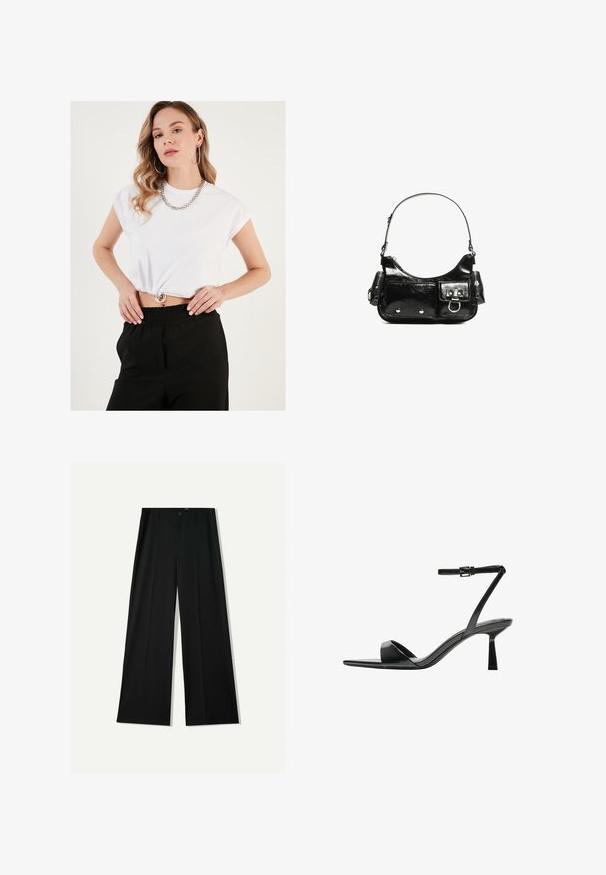 Weißes kurzärmeliges Crop-Top mit gerafftem Saum und silbernem, rundem Zubehör, kombiniert mit schwarzen hochgeschnittenen Hosen.; Bershka WIDE - Stoffhose - black; Bershka High Heel Sandalette - black; Schwarze Lackleder-Handtasche mit geschwungenem Design, einem Schulterriemen, Vordertaschen und silberfarbenen Hardware-Akzenten.