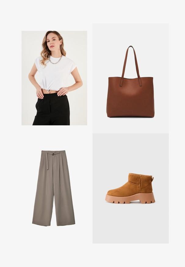 Bijela skraćena majica kratkih rukava, s nabrani rubom i srebrnim okruglim detaljima, u kombinaciji s crnim hlačama visokog struka.; Široke hlače u mekoj, prigušenoj sivoj tkanini, s remenom na struku i plisiranim detaljima za dodatni dizajn. Glatka tekstura, bez uzoraka.; Smeđe nubuk čizme do gležnja s okruglim vrhom, teksturiranim smešnim đonom i uhvatom za povlačenje. Imaju šav sa štepom i dizajn debele platforme.; Smeđa kožna torba preko ramena s glatkom teksturom, otvorenim vrhom i dvjema naramenicama. Ima minimalne šavove i nema vidljivog hardvera.