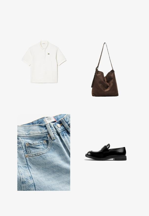 Witte polo shirt van katoen, met een opstaande kraag, korte mouwen en een klein groen geborduurd krokodillenlogo op de linkerkant van de borst.; Lichtblauwe mid-rise denim jeans met een gestructureerde afwerking, voorzien van een klein voorkantzakje en metalen knoopsluiting. Kenmerkende stiksels zichtbaar.; Zwarte leren loafer met een ronde neus, platte rubberen zool en een opvallend strapdetail over de wreef. Gladde textuur, minimalistisch ontwerp.; Bruine suède hobo tas met een gebogen bovenkant, een lange strap met stipaccenten en een zachte textuur. Heeft een slouchy ontwerp voor casual gebruik.