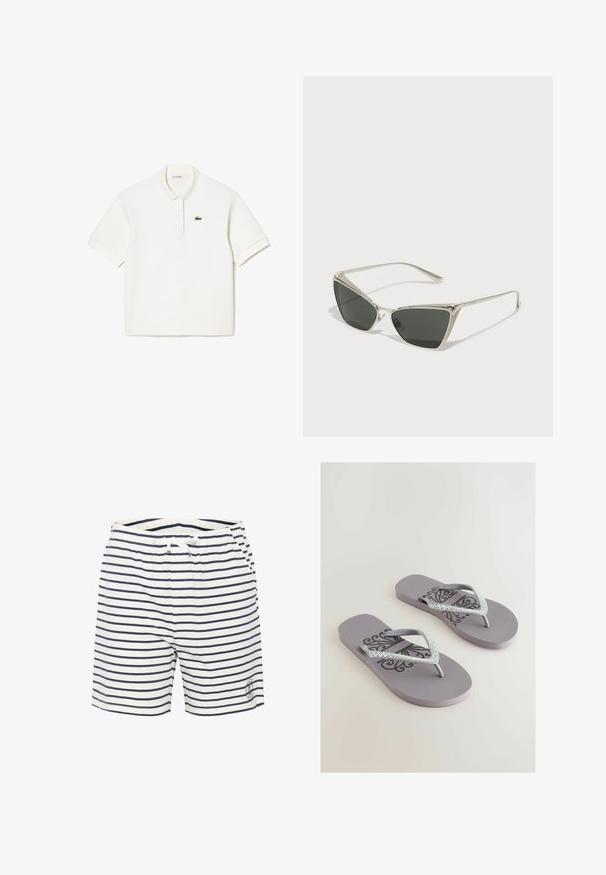 Camisa polo blanca de algodón, con cuello tipo polo, mangas cortas y un pequeño logotipo bordado de cocodrilo verde en el lado izquierdo del pecho.; Bañador a rayas en blanco y marino, con una cintura elástica y cordón ajustable, y un pequeño detalle de logo en la parte inferior delantera.; Chanclas grises con una plantilla texturizada, que presentan un patrón decorativo negro y correas en forma de V adornadas con brillantes de imitación.; Gafas de sol triangulares de color plateado con lentes oscuros. La montura presenta un diseño texturizado y pequeños adornos en las esquinas. Estructura metálica elegante.