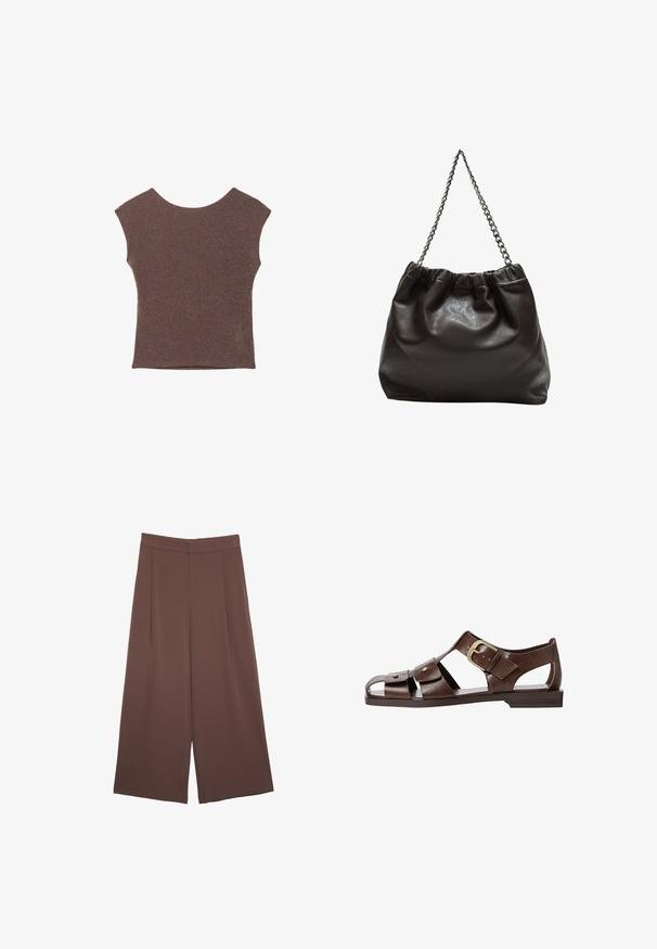 Brązowy bezrękawnik wykonany z teksturowanej, błyszczącej tkaniny, z szerokim dekoltem i dopasowanym krojem. Brak widocznych ozdób lub wzorów.; Brązowe spodnie o szerokich nogawkach z gładką fakturą, z wysokim stanem i plisami z przodu. Materiał jest lekki i luźno opada.; Brązowe skórzane sandały z wycięciami, regulowanym zapięciem po boku i płaską podeszwą, z metalowymi akcentami i otwartym noskiem.; Brązowa skórzana torba z marszczonym szczytem i łańcuszkowym paskiem. Gładka tekstura z błyszczącym wykończeniem i subtelnymi detalami szwów po bokach.