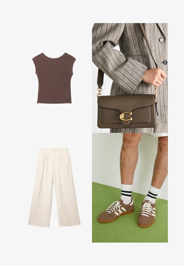Brun ærmeløs top lavet af et tekstureret, skinnende stof med en bred halsudskæring og en tætsiddende silhuet. Ingen synlige udsmykninger eller mønstre.; Løse bukser i en lys beige farve med et blødt, tekstureret stof. Har fremadskuende folder og en elastisk talje for en afslappet pasform.; Brune ruskind sneakers med hvide detaljer og snørebånd. Gummisål i naturgummi. Båret med hvide sokker med sorte striber. Grøn struktureret gulv.; COACH TABBY SHOULDER BAG 26 - Håndtasker - dark stone
