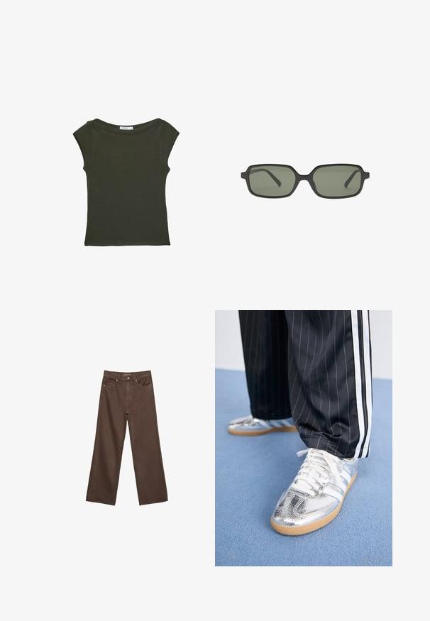 Mørkegrøn, tætsiddende t-shirt lavet af blødt stof med bred halsudskæring og korte ærmer. Glat tekstur uden synlige mønstre eller detaljer.; Bredde ben brun denim jeans med høj talje, forlommer og klassisk knaplukning. Glat tekstur med diskret syninger.; Metalisk sølv sneakers med hvide snørebånd og tre hvide striber, kombineret med sorte stribede bukser. Gummisål som accent nederst.; Sorte rektangulære solbriller med mørkegrønne linser, der har et fladt design, minimalistiske sider og en letvægtsramme for komfort.