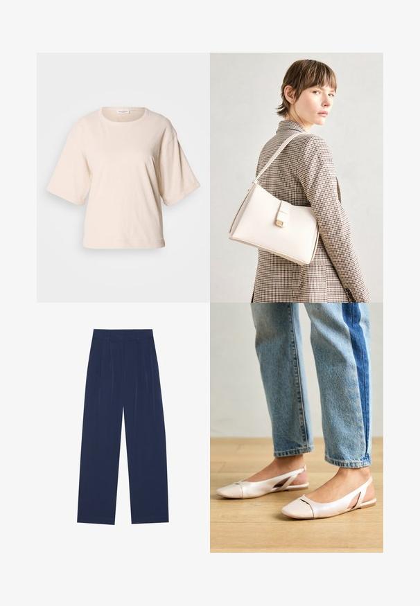 Světlý béžový tričko s krátkým rukávem, vyrobené z měkké bavlny. Má kulatý výstřih a volný střih s ohrnutými manžetami. Minimalistický design.; Námořnické modré široké kalhoty vyrobené z jemné látky, s předními záhyby, hladkou texturou a rovný střih bez viditelných kapes.; Světle růžové slingback baleríny s špičatou špičkou, vyrobené z hladkého koženému materiálu. Obsahují vystřihovací detaily po stranách a plochý podpatek.; Bílá kožená kabelka se strukturálním designem, s magnetickým uzávěrem a ramenním popruhem, prezentovaná na neutrálním pozadí.