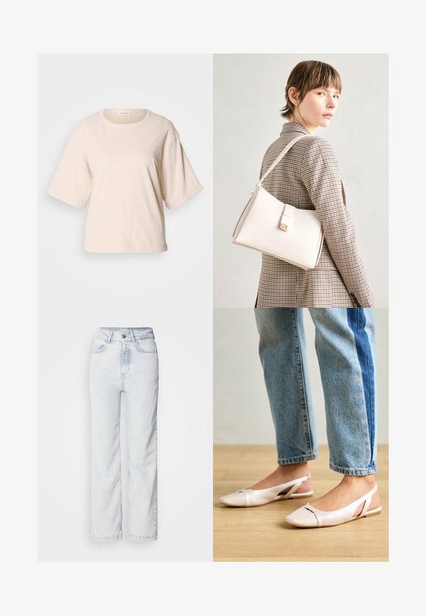 T-shirt de manga curta bege claro, feita de algodão macio. Apresenta um decote redondo e um ajuste solto com punhos enrolados. Design minimalista.; Jeans de cintura alta azul claro com um corte reto, feitos de denim. Apresentam um fecho com botão, design de cinco bolsos e uma textura ligeiramente desbotada.; Sapatilhas slingback de cor rosa pálido com bico fino, feitas de um material semelhante a couro liso. Apresentam detalhes recortados nas laterais e um salto plano.; Bolsa de mão em couro branco com um design estruturado, apresentando um fecho magnético e uma alça de ombro, exibida sobre um fundo neutro.