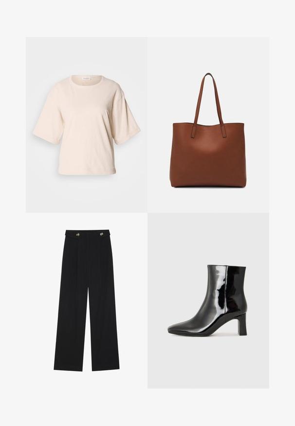 Lys beige kortermet t-skjorte, laget av myk bomull. Har rund halslinning og løs passform med oppbrettede ermer. Minimalistisk design.; Svart vide bukser med høy midje, knappdetaljer på midjebåndet og frontplisser.; Sorte patentlær ankle boot med spiss tå og en mellomhøy blokkhelt. Glatt tekstur og minimalistisk design.; Brun lær tote veske med en jevn tekstur, åpen toppdesign og to skulderstropper. Har minimal søm og ingen synlige spiker.