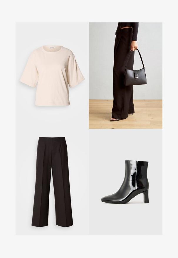 Svetlo béžové tričko s krátkym rukávom, vyrobené z mäkkého bavlneného materiálu. Má okrúhly výstrih a voľný strih s prehnutými nápletmi. Minimalistický dizajn.; Čierne široké nohavice s plochým predným dielom, záhybmi a hladkou textúrou látky. Majú vysoký pás a strihaný strih pre štruktúrované oblečenie.; Čierne lakované členkové topánky s špicatou špičkou a stredne vysokým blokovým podpätkom. Hladká textúra a minimalistický dizajn.; Čierna kabelka so štruktúrovaným tvarom, hladkou textúrou a kovovou sponou. V kombinácii so širokými čiernymi nohavicami a sandálmi s otvorenou špičkou na drevenej podlahe.