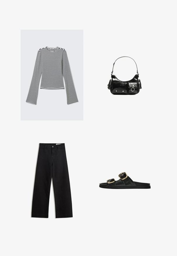 Crna i bijela prugasta majica dugih rukava s okruglim izrezom i prilagođenim krojem. Mekani materijal s glatkom teksturom.; Crne široke traperice s visokim strukom, s prednjim i stražnjim džepovima, šivenim šavovima i kopčanjem na gumb. Glatka tekstura.; Crne sandale na klizanje s dva zlatna akcenta u obliku kopči, glatkog teksturiranog materijala, ravnim potplatom i minimalističkim dizajnom.; Crna patentna kožna torba s zakrivljenim oblikom, jednim remenom za rame, prednjim džepovima i akcentima od srebrnog tona.