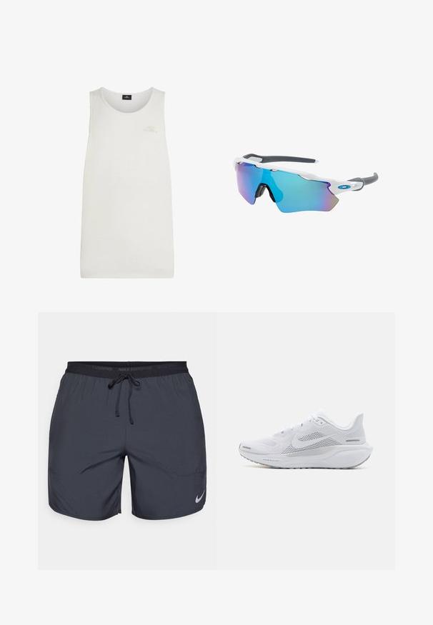 White tank top made of lightweight fabric. Features a round neckline and a small, embossed logo on the chest. Simple, plain design.; Nike running shorts in dark gray, featuring an elastic waistband with a drawstring and a silver logo accent on the lower right leg.; White athletic shoe with a mesh upper, smooth textured overlays, grey accents, laces, and a cushioned sole designed for performance.; Sunglasses with a white frame, gray accents, and blue mirrored lenses. Sporty design, wraparound shape, and adjustable nose pads.