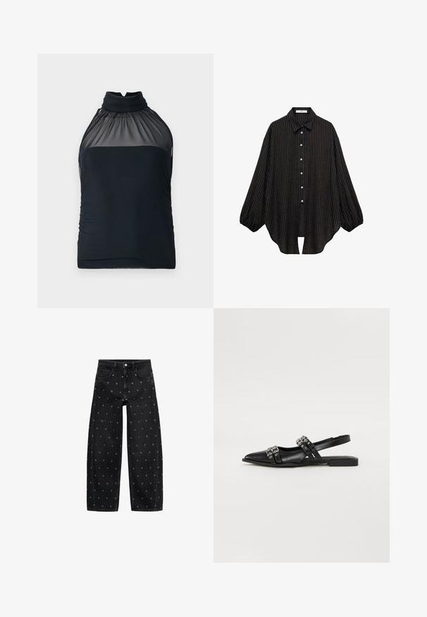 Top nero a collo alto con scollatura in rete trasparente e tessuto arricciato. Design aderente con texture liscia e leggermente arricciata sui lati.; Camicia a righe nere con collo a camicia, chiusura con bottoni e maniche ampie. Caratterizzata da sottili righe verticali e una silhouette morbida.; Jeans a gamba larga in denim nero con un motivo di piccoli occhielli in argento, dotati di un classico design a cinque tasche e chiusura con bottone.; Even&Odd Ballerine - black