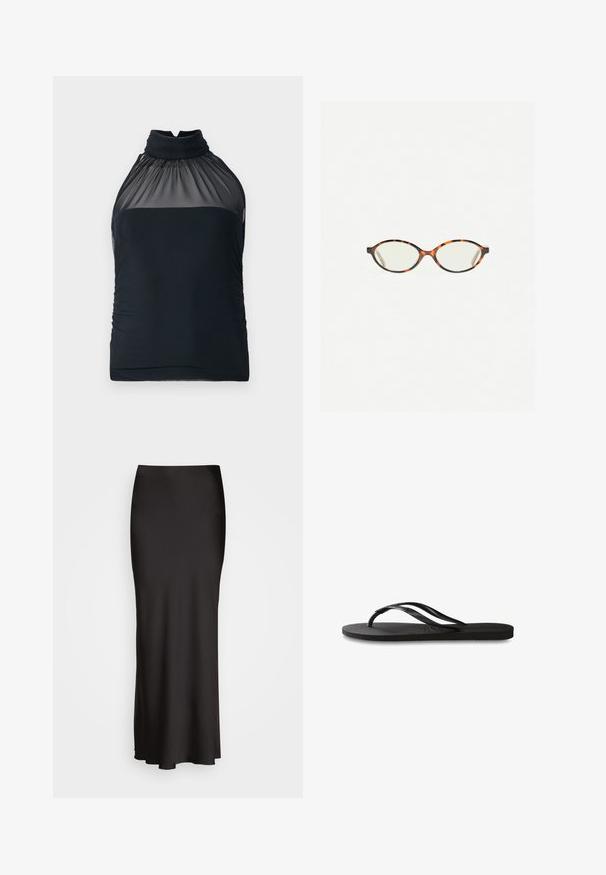 Black halter top with sheer mesh neckline and gathered fabric. Fitted design with smooth texture and slight ruching on the sides.; Black, floor-length satin skirt with a smooth texture, fitted waistband, and A-line silhouette, featuring no visible embellishments or patterns.; Black flip-flop featuring a textured rubber sole, two slender straps, and a subtle, embossed logo detail on the strap.; Tortoiseshell eyeglasses with oval lenses and a sleek, smooth finish. Features thin sides with a subtle curve at the temples. Clear lenses.