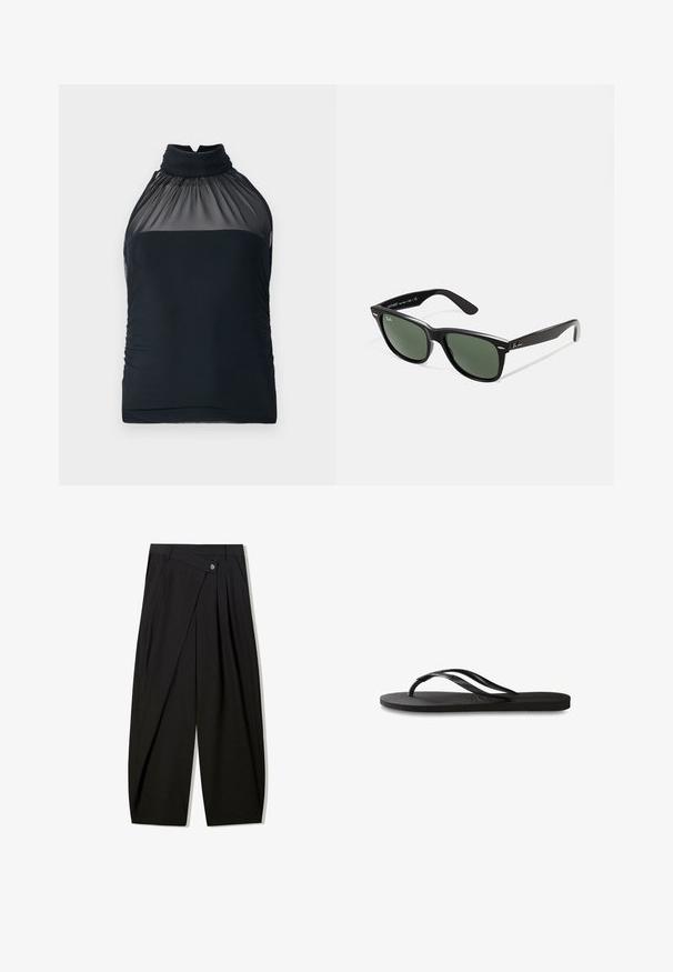 Svart halterneck-topp med genomskinlig mesh-krage och samlad tyg. Fittad design med slät yta och lätt rynkning på sidorna.; Svart vida byxor tillverkade av mjukt tyg, med framveck, en knappstängning och en skräddarsydd design för en strukturerad silhuett.; Svart flip-flop med en texturerad gummisula, två slanka remmar och en subtil, präglad logodetalj på remmen.; Svarta plastsolglasögon med gröna linser, fyrkantiga bågar, silverdetalj på ögonbrynet och texturerade skalmar. Angiven märkning på den inre skalmen.; Liten svart, glänsande läderpåse med dragsnöre och korta handtag på en ljusgrå bakgrund.
