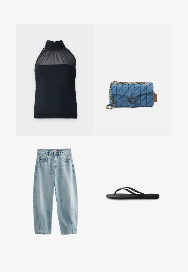 Fekete nyakpántos felső átlátszó hálós nyakkivágással és ráncolt anyaggal. Feszes fazon, sima textúrával és enyhe ráncolással az oldalain.; Világoskék farmernadrág magas derekkal, laza szabással, két elülső zsebbekkel, finom kopással és oldalsó hasítékokkal az alján.; Fekete papucs texturált gumitalppal, két vékony pánttal és finom, domború logóval a pánton.; Kék steppelt farmer választható táska, arany lánc vállpánttal és egy kiemelkedő arany logóval az elején. Kompakt, téglalap alakú.