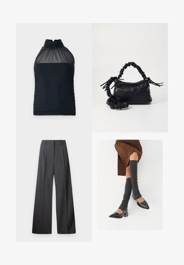Črna halter majica z prosojnim mrežastim izrezom in nabranim blagom. Prilagojen dizajn z gladko teksturo in rahlim gubanjem ob straneh.; Široke hlače iz temno sive tkanine, z visokim pasom, enim pregibom ter gladko teksturo z čisto obrobo na robovih.; Črne lakirane čevlje s pointy prsti in blok peto ter z naramnicami za gleženj, ki jih kombiniramo s sivimi rebrastimi nogavicami in rjavim suknjičem iz usnja.; Črna torbica iz umetnega usnja s krokodilovo teksturo, z zvitim vrhom in zmečkano naramico. Zdi se mehka in kompaktna v oblikovanju.