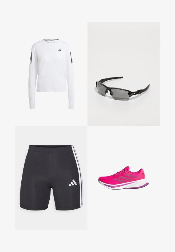 Tricou sportiv cu mâneci lungi, alb cu accente gri. Are un guler rotund, material respirabil și un design cu trei dungi pe mâneci.; Șorturi atletice negre dintr-un material elastic, cu dungi albe pe laterale și un logo Adidas pe piciorul din dreapta jos. Textură netedă.; Adidași roz pentru alergare, cu un material de plasă în partea superioară, o talpă intermediară albă și accente purpurii. Trei dungi gri pe lateral și un design al tălpii curbat.; Ochelari de soare sport negri cu lentile gri, design cu ramă curbată și detalii cu logo pe lateral. Fabricat din material plastic ușor.