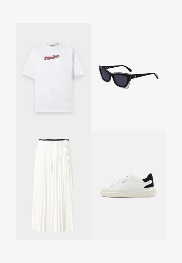 Balts kokvilnas T-krekls ar brīvu piegriezumu, ar sarkano un zilo "Guess Jeans" logo izšūtu uz krūtīm. Īsas piedurknes.; Gari plānas baltas svārku ar melnu elastīgu jostu, uz kuras redzams "LACOSTE" logo. Vidēja garuma dizains ar mīkstu tekstūru.; Baltas ādas sporta apavi ar biezu balto zoli, melna zamša uzpura un izspiestais logotips sānos. Šņorējuma dizains ar sešiem acu caurumiem.; Melni pārmēru saulesbrilles ar ģeometrisku formu, kas aprīkotas ar tumšiem stikliem un kontrastējošu pelēku akcentu uz rāmja. Logo uz kājas.