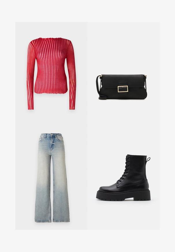 Rdeč dolg rokav prilegajoč vrh z navpičnimi prosojnimi črtami, skodrano ovratnikom in rebrasto teksturo, narejen iz lahkega blaga.; Svijetloplave široke traperice s visokim strukom, koje imaju pet džepova i vidljivo šivanje uz šavove.; Črne usnjene gležnjarje z okroglo konico, vezalnim sprednjim delom in debelim gumijastim podplatom z teksturiranim profilom. Zanka na hrbtni strani.; Črna usnjena torbica na preklop z zlato kovinsko zaponko. Vključuje črn trak in eleganten, minimalističen dizajn.; Zlate obroče ušesne uhane, tanke in krožne oblike, z gladko kovinsko površino brez okrasnih elementov ali vzorcev.