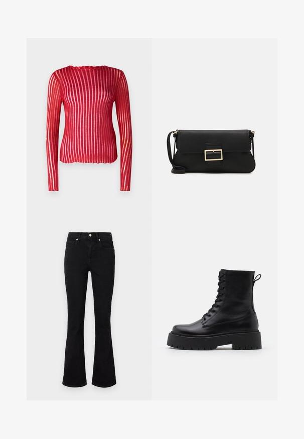 Red long-sleeve fitted top with vertical sheer stripes, scalloped neckline, and ribbed texture, made from lightweight fabric.; Black flared jeans made of denim, featuring a mid-rise waist, front pockets, and button closure. Smooth texture with minimal stitching details.; Black leather ankle boots with a round toe, lace-up front, and a thick rubber sole featuring a textured tread. Pull tab at the back.; Black leather clutch bag with a flap and a gold metal buckle detail. Includes a black strap and a sleek, minimalist design.